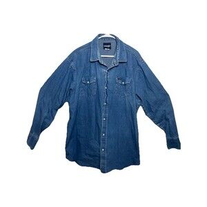 Vintage Wrangler Denim Pearl Snap Button Shirt Men's XXL Blue Western Cowboy